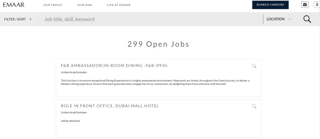 EMAAR Career Portal with 299 Open Jobs in UAE